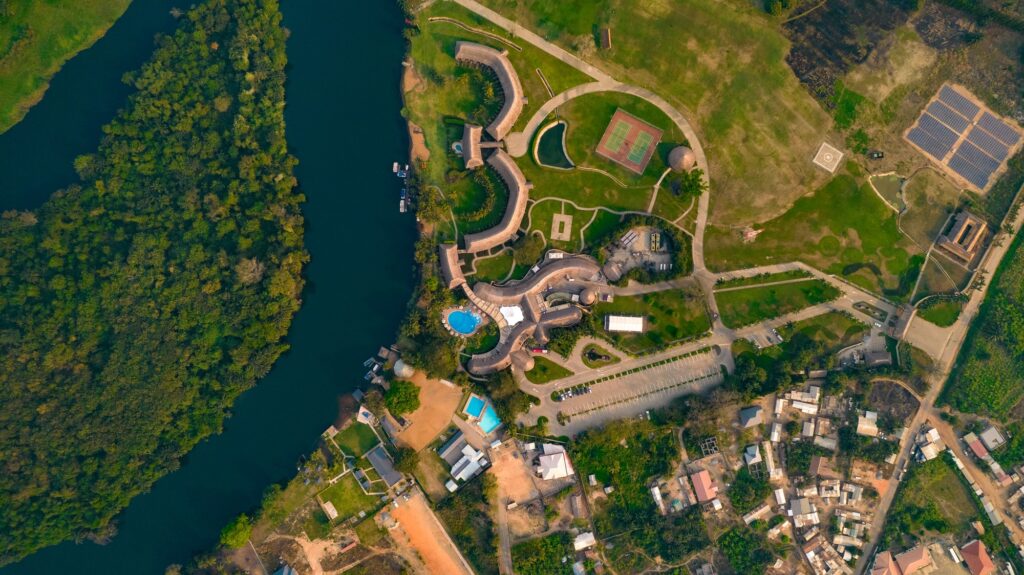 Aerial top view of Akosombo town in Ghana